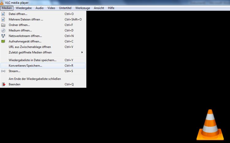 Screenshot Oberfläche VLC O Player, Dropdown Menü Medien öffnen angezeigt