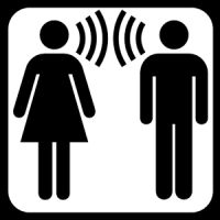 Logo der App "Meine zweite Stimme": Männliches und weibliches Piktogramm, zwischen ihnen Schall visualisiert