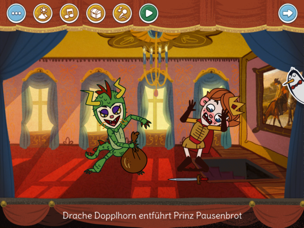 Drachenfigur mit einem Sack bedroht einen Prinzen, comic-artige Darstellung